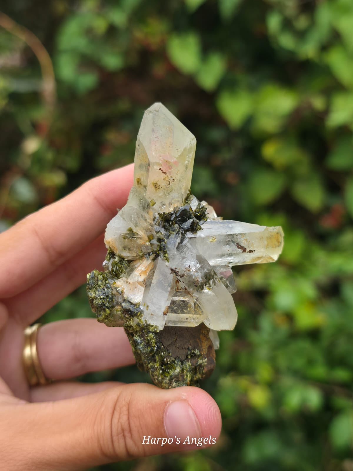 Epidote on Quartz Crystal Cluster  #3