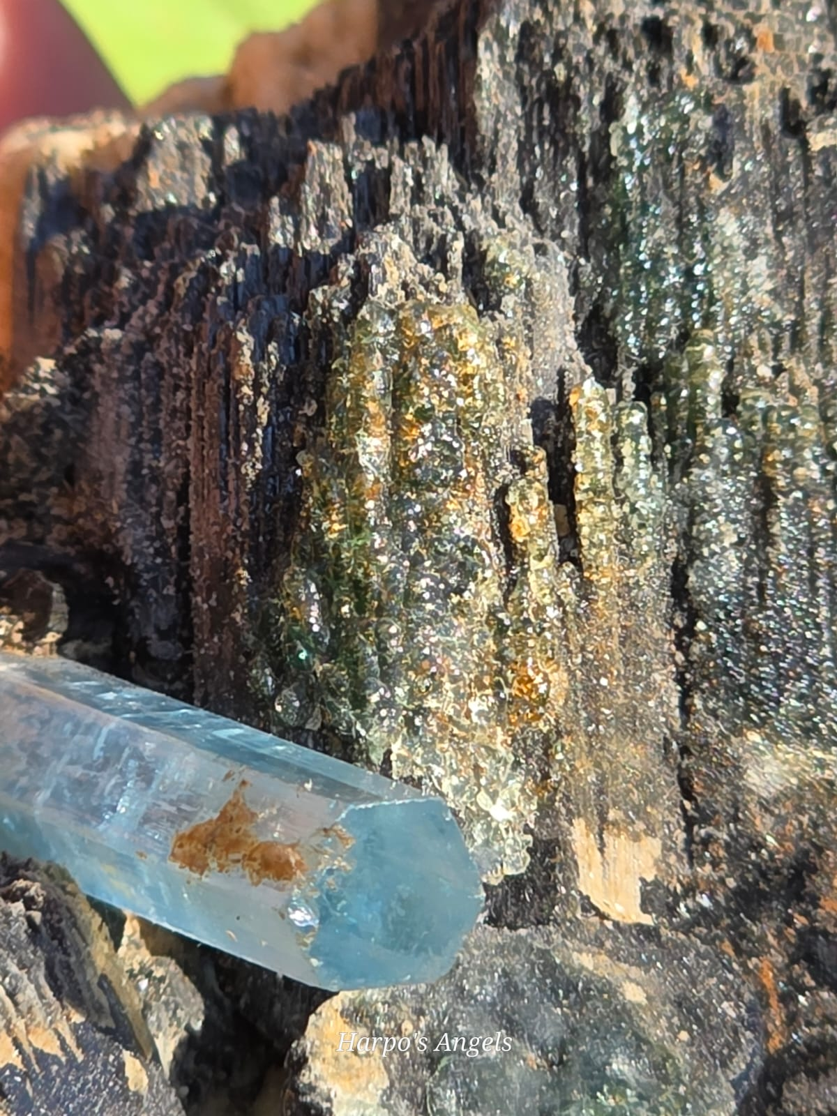Black Tourmaline with Aquamarine & Hyalite Opal (Namibia)